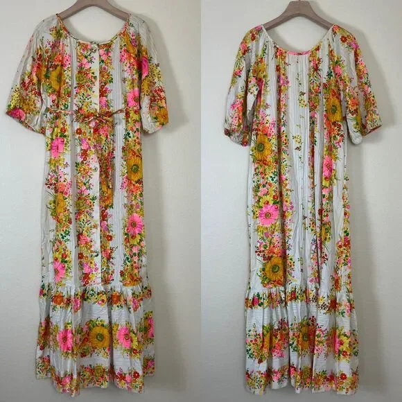 Vintage Miss Elaine Women Size S Floral Ruffle Maxi Dress 70s Retro Boho Peasant - Picture 3 of 17